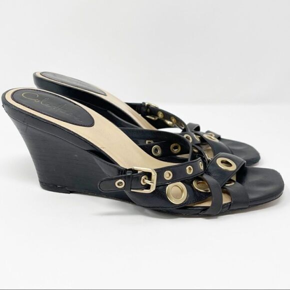 Cole Haan Black Leather Grommet Wedge Sandal 8 - Picture 1 of 11
